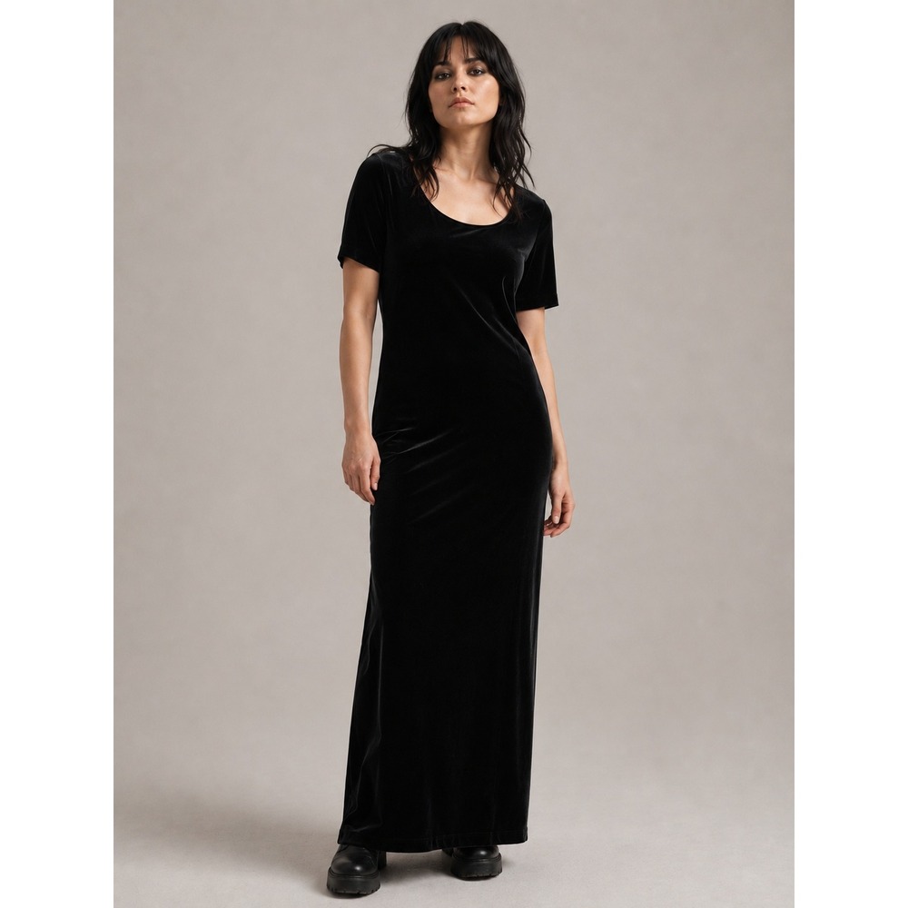 90s Velvet Maxi Dress Goth Minimalist Soft Grunge Black Velvet XL